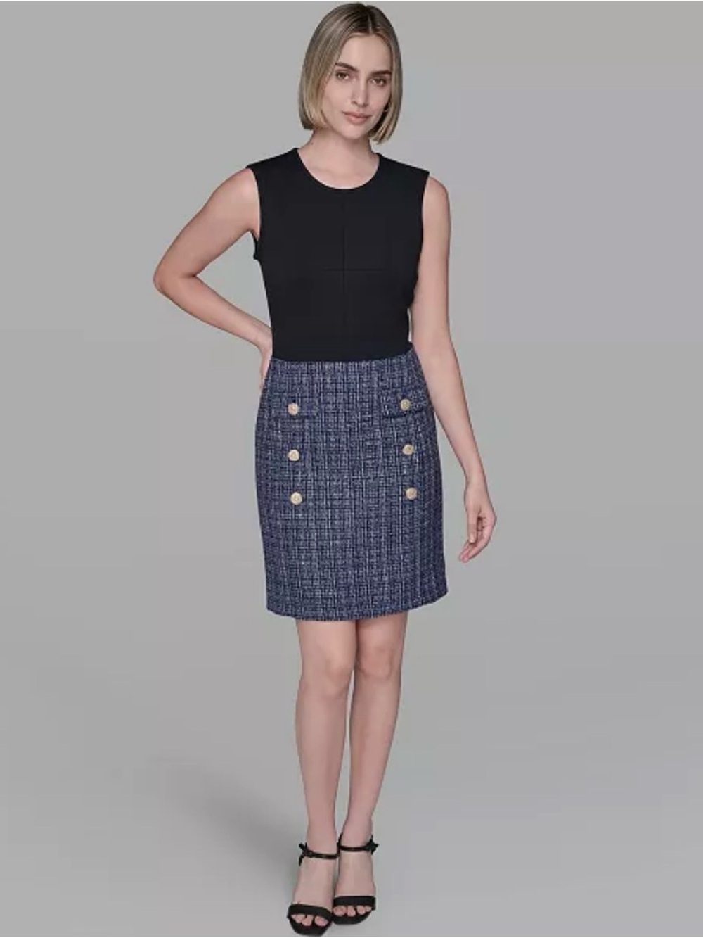Karl Lagerfeld Paris Women Textured Twofer Mini Dress Black/Blue Size 2/ Small